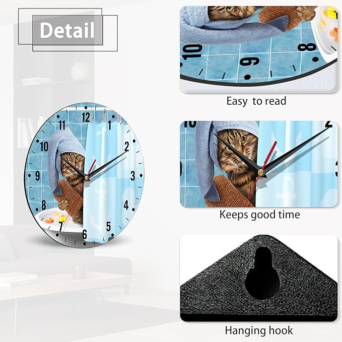 SPUNKER Wall Clock,Bathing Cat Kitchen Wall Clock,Cute Funny Clocks 10 Inch Silent Non-Ticking Wall Battery Operated for Living Room Bedroom Bathroom Laundry Room Decor
