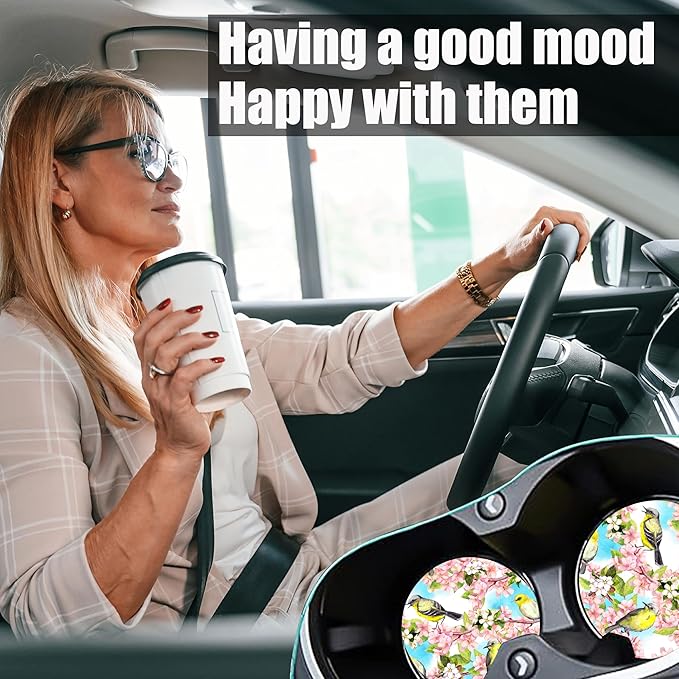 Spring Flowers Blossom and Birds Car Cup Holder Coasters, 2 Pack Cup Coasters Car Accessories Interior Aesthetic for Men Women, Absorbent Ceramic Coaster with Cork Back, Retro Car Decoration Gifts