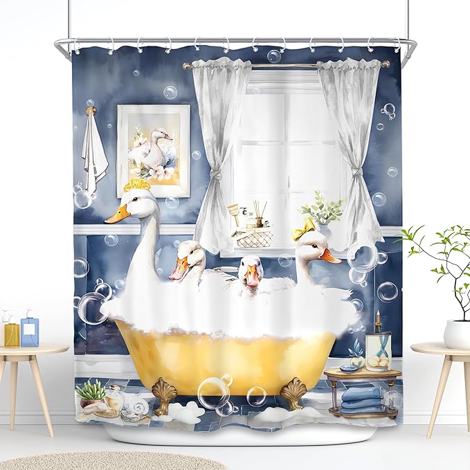 SVBright Funny Kids Shower Curtain 60Wx72L Inch Cute Duck Farmhouse Animal in Bathtub Blue Cartoon Lovely Modern Hilarious 12 Pack Hooks Polyester Waterproof Fabric Bathroom Bathtub Panels
