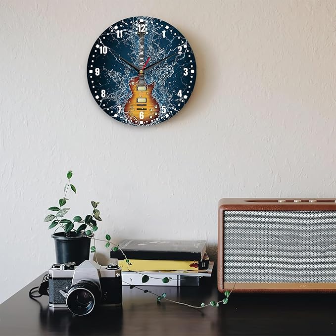 SPUNKER Wall Clock,Electric Guitar Wall Clocks,Guitar in Water Battery Operated Wall Clock Silent Non-Ticking Decorative for Home Kitchen Bathroom Living Room Bedroom Office 10 Inch