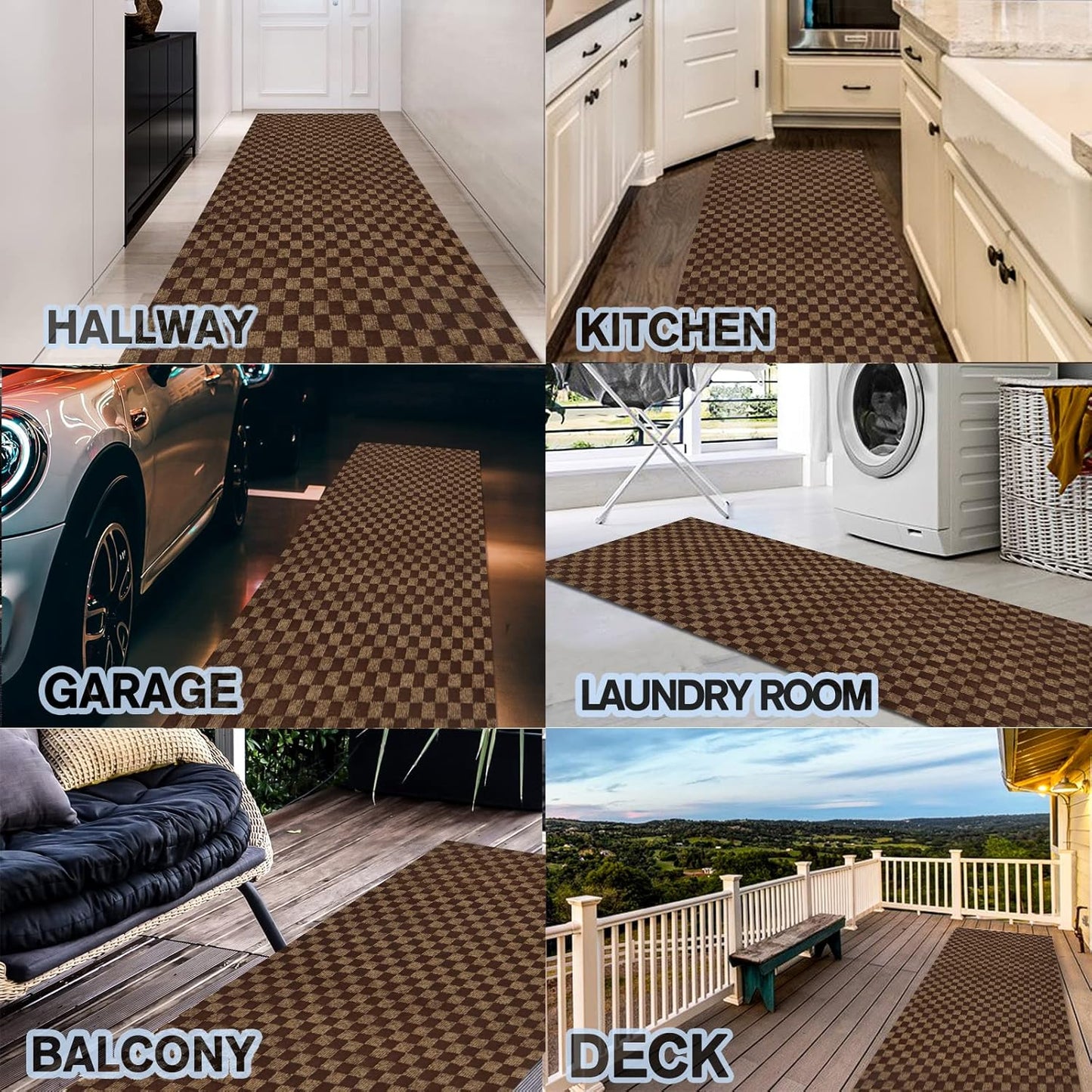 Custom Size Backed Non-Slip Area Rugs Runner, Easy Clean, Waterproof Runner Rugs for Hallway Entryway, Kitchen, Laundry, 4FT x 75FT, Brown Checkered