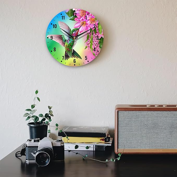 SPUNKER Clocks for Living Room,Hummingbird Wall Clock Battery Operated 10 Inch,Tropical Bird Red Flowers Round Clock Silent Non-Ticking Wall Decor for Farmhouse Office Home School Living Room Bedroom