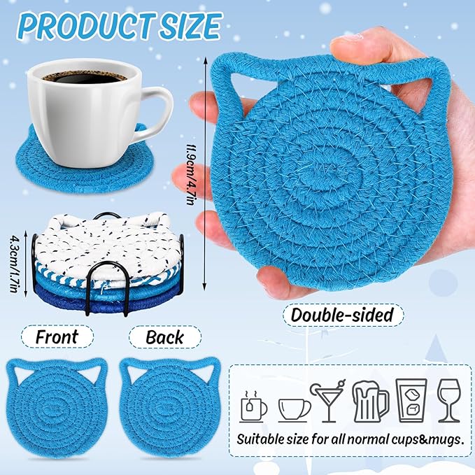 Whaline Cat Ear Coaster Set Cat Ear Shape Handmade Braided Cotton Coasters Blue White Non-Slip Absorbent Drink Coasters with Holder for Summer Birthday Housewarming Gifts Home Decor, Set of 4