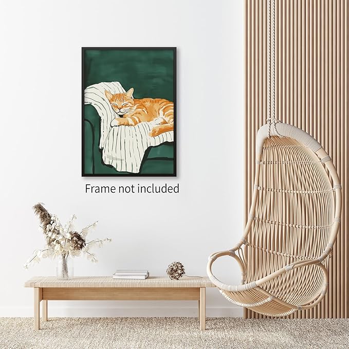 Sleeping Orange Cat poster Green Aesthetic Wall Art Preppy Funky Cute Animal Canvas Painting Gift For Cat Lover for Cozy Room Wall Decor 24x36 inch Unframed