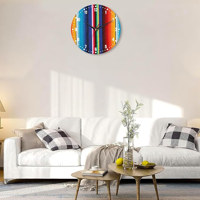 SPUNKER Wall Clocks,Colorful Mexican Wall Clocks for Living Room Decor,Stripes Lines Art Kitchen Clocks Wall Battery Operated - 10 Inch Round Bathroom Wall Clock Silent Non-Ticking
