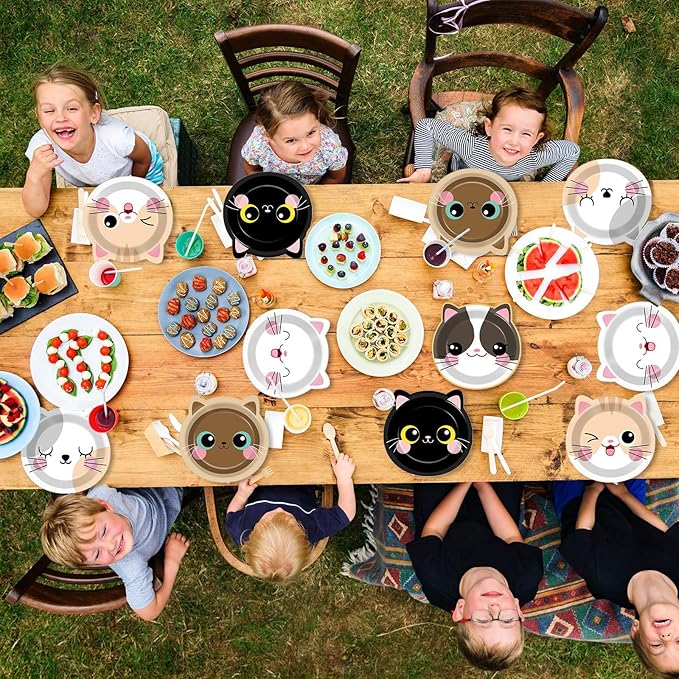 ZOIIWA 48Pcs Cat Theme Birthday Party Supplies Cartoon Kitten Paper Dinner Plates Disposable Cat Shaped Tableware Dinnerware Set for Kids Girls Birthday Baby Shower Party Table Decoration Favors