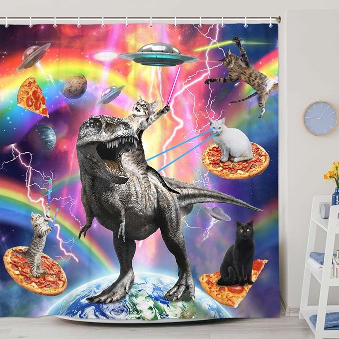 Torich Funny Cat Shower Curtain for Bathroom, Kids Cool Cat Riding Cute Dinosaur on Outer Space Universe Fantasy Galaxy Hilarious Shower Curtain Set, Anime Fabric Bathtub Decor Hooks, 72X84IN