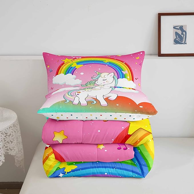 Unicorn Bedding Twin For Girls Kawaii Rainbow Unicorn Quilt Kids Galaxy Stars Comforter Set White Horse Floral Duvet Insert Fantasy Girls Room Decor Children Unicorn Reversible Pink With 1 Pillowcase