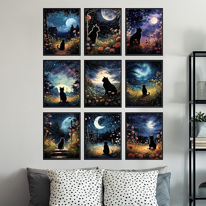 BigWig Prints Black Cat Wall Art - Starry Night Cat Posters, Space-Themed Artwork for Bedroom or Living Room, Cute Pet Pictures for Home Decor - Unframed Set of 9 (8x10)