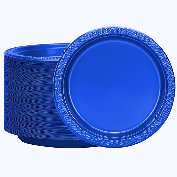 Blue Plastic Plates 9 Inch - 50 count - Plastic Solid Round Party Plates For Weddings, BBQs, Birthday Plates - Disposable Blue Plates - Plastic Dessert Plates