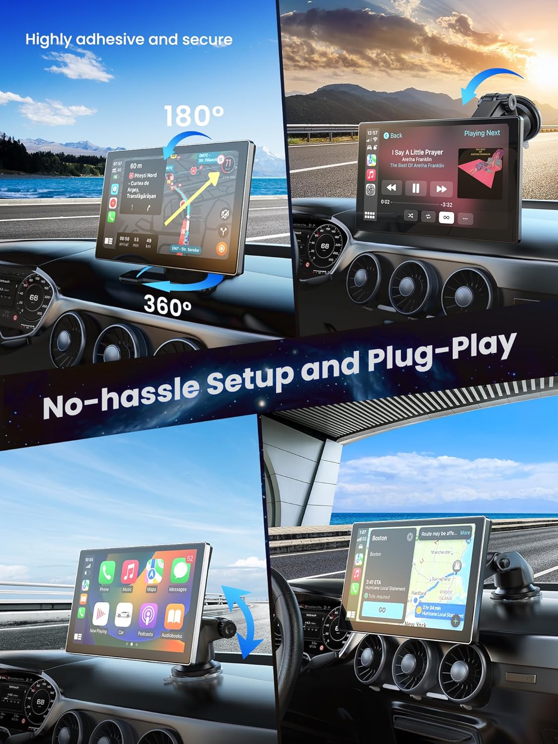 Portable CarPlay Screen for Car, 9'' Wireless Apple CarPlay & Android Auto Screen for Car, 4K Dash Cam, 1080P Backup Camera, GPS Navigation/Bluetooth/FM/Siri Voice Control for All Vehicles