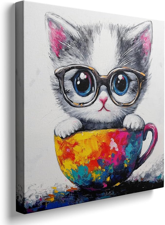 Ypxzzj Cute Kitten in a Teacup Canvas Wall Art, Animal Cat Picture Prints Wall Art, Cute Animal Cat with Glasses Wall Art Poster for Livingroom Bedroom Nursery Room Home Decor Framed Ready to Hang