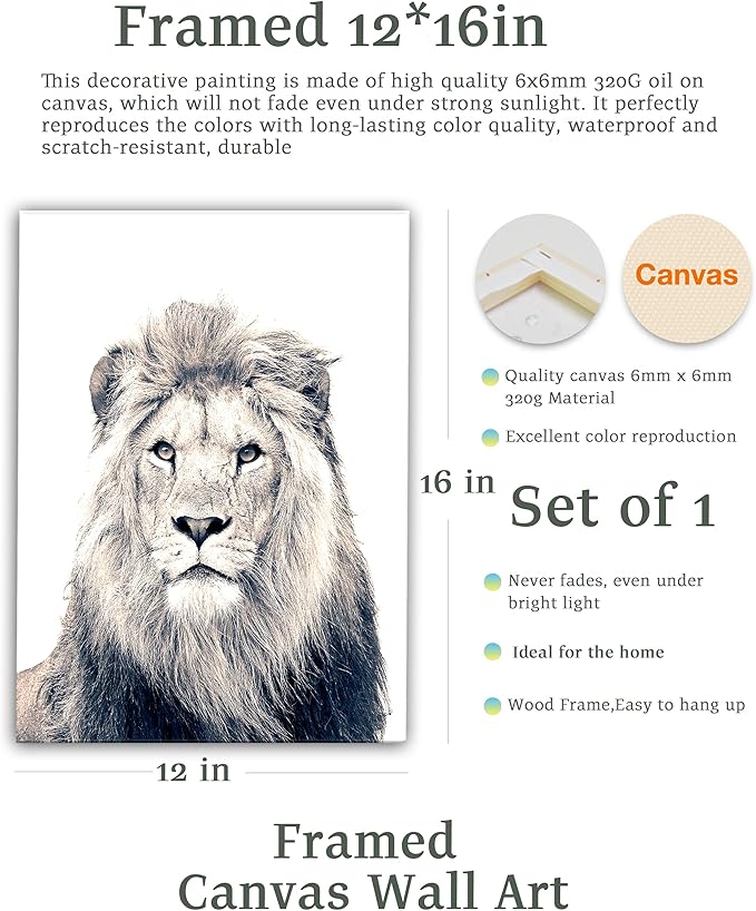 UPWOIGH Bathroom Wall Art Decor, Black and White Lion Wall Art, Waterproof Wood Framed Canvas Wall Art Animals Abstract Prints, 12"x16" High-end Pictures for Dormitory Kids Room 1 Pack