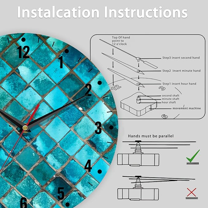 SPUNKER Clocks for Living Room,Turquoise Geometric Kitchen Wall Clock,Teal Mosaic Clocks 10 Inch Silent Non-Ticking Wall Battery Operated for Living Room Bedroom Bathroom Laundry Room Decor