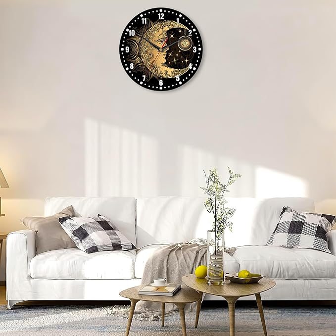 SPUNKER Clock for Bedroom,Boho Moon Sun Wall Clock Battery Operated 10 Inch,Golden Mandala Round Clock Silent Non-Ticking Wall Decor for Farmhouse Office Home School Living Room Bedroom