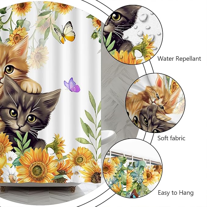 Sunflower Cat Shower Curtain Rustic Vintage Floral Farmhouse Kitty Pet Lover Kitten Flower Cats Flowers Butterfly Shower Curtains Set for Bathroom Polyester Fabric with Hooks (59" W x 71" L)