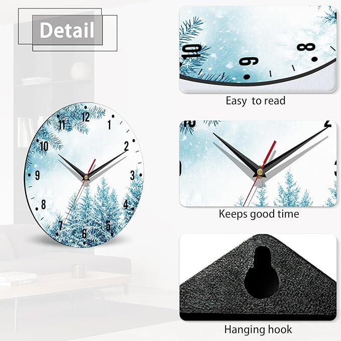 SPUNKER Snowflakes Clock for Bedroom,Winter Forest Wall Clocks for Living Room Decor,Snow Trees Kitchen Clocks Wall Battery Operated - 10 Inch Round Bathroom Wall Clock Silent Non-Ticking