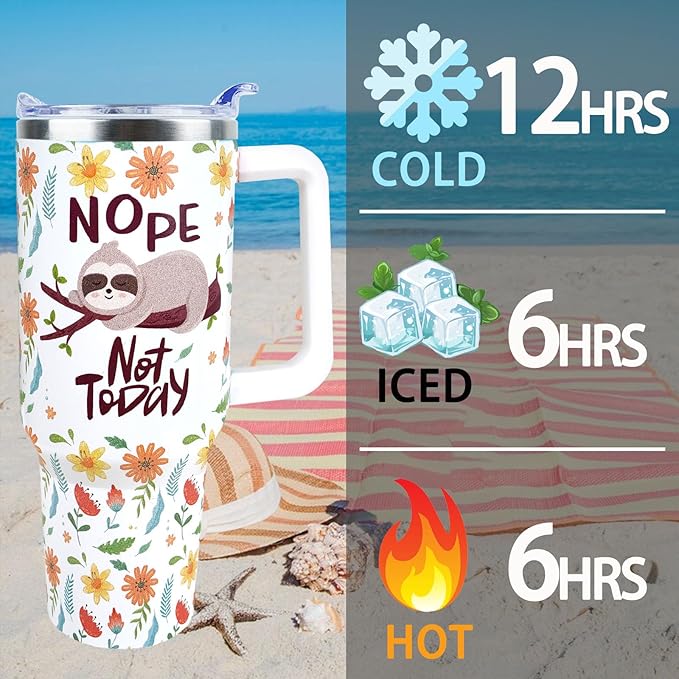 Sloth Tumbler 40 oz with Handle and Straw Lid - Leak Proof Sloth Gifts for Women - Travel Coffee Mug - Mothers Day Birthday Gifts