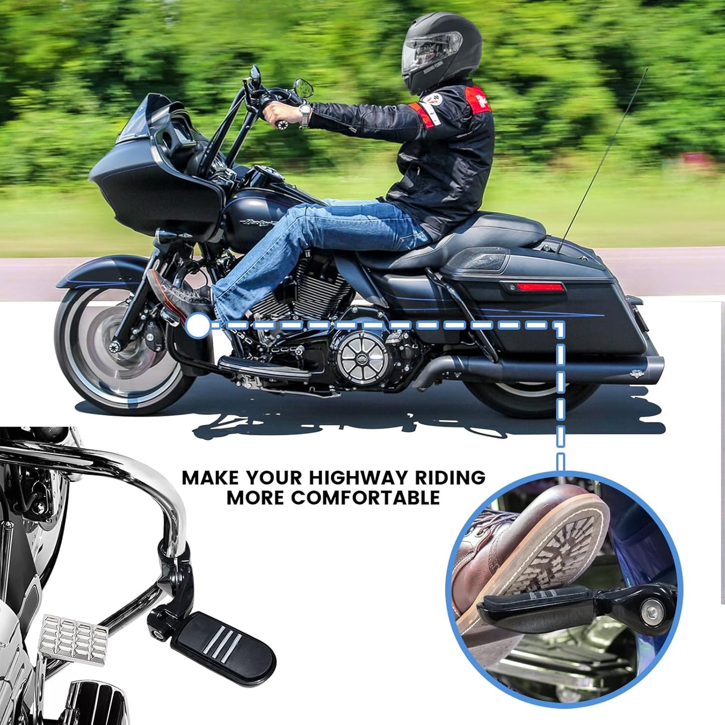 1.25" 32MM Motorcycle Adjustable Highway Pegs for Harley Davidson Touring Road King Road Glide Street Glide Electra Glide Dyna Sportster Softail 1 1/4" Crash Bar Highway Foot Pegs, Black