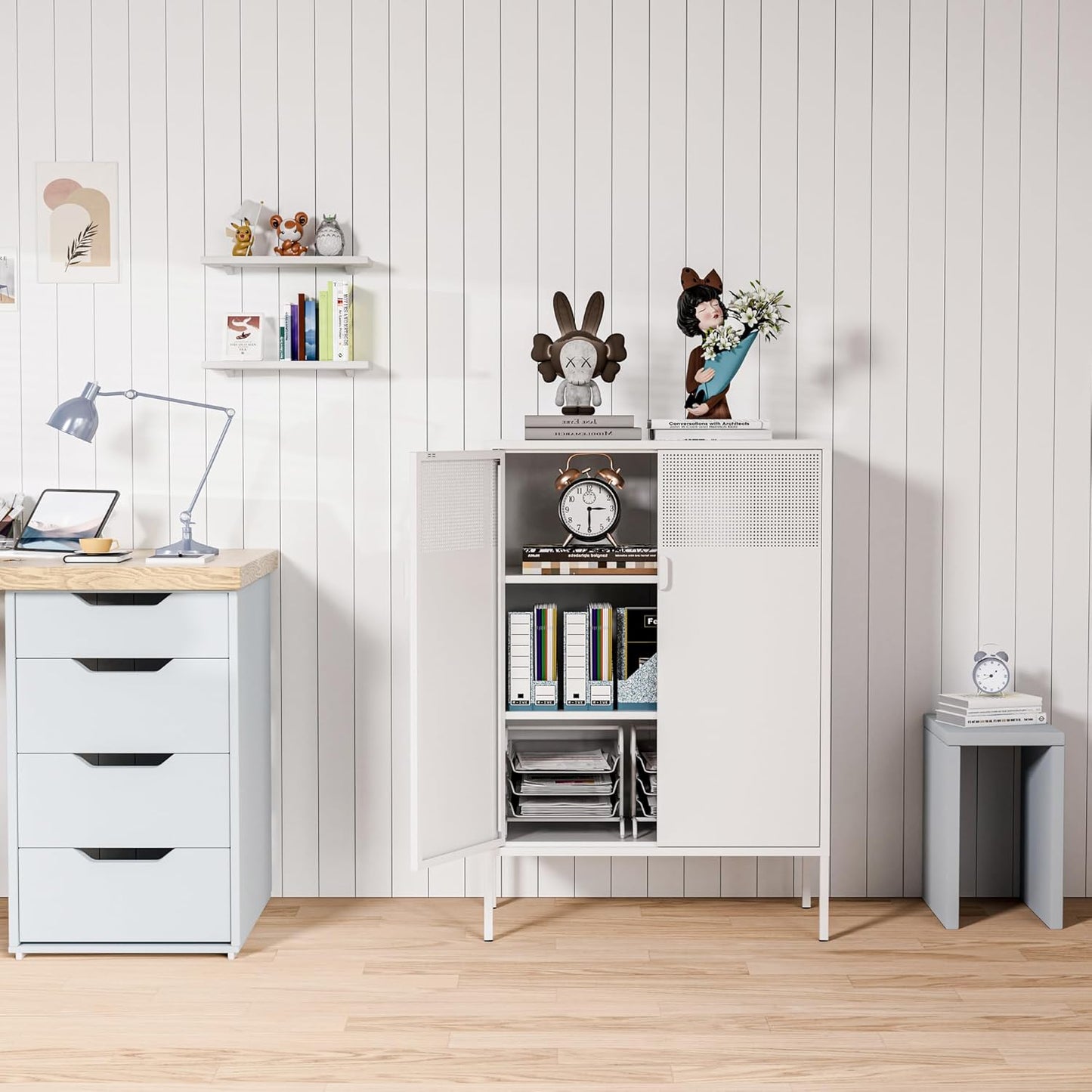 2 Mesh Door Metal Storage Cabinet with Adjustable Shelves, Multipurpose White Storage Cabinet, 3-Tier Office Cabinet,Metal Storage Cabinet for Office Home,Hallway (White, 47''H)