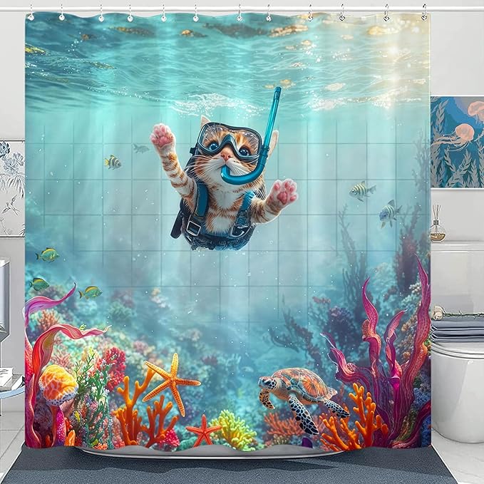 Yeoiat Dinosaur Shower Curtain Funny Shower Curtain Cat Ocean Shower Curtains for Bathroom Cute Shower Curtain Set with 12 Hooks Cat-01 72×72 Inches