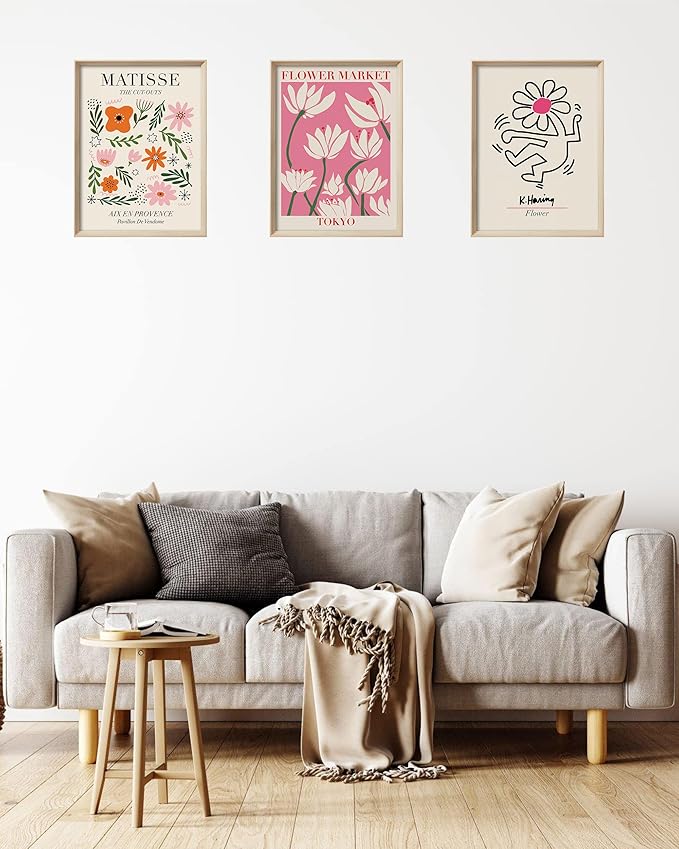 UPWOIGH Framed Wall Art,Abstract Henri Matisse Canvas Wall Art,12X16in Pink Beige Flower Market Wood Decor Prints Artworks,Minimalist Flower Market Wall Art Living Room Bedroom,Set of 3,Green,Pink