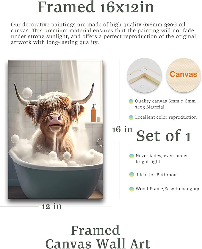 UPWOIGH Bathroom Wall Art, 12x16in Highland Cow Wall Decor,Waterproof Wood Framed Canvas Wall Art, Cute Funny Animal Bathing Abstract Prints,Modern Home Décor for Bedroom Classroom Farmhouse Gift