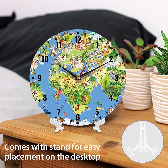 SPUNKER Wall Clock,Animals World Map Kitchen Wall Clock,Cute Landmarks Clocks 10 Inch Silent Non-Ticking Wall Battery Operated for Living Room Bedroom Bathroom Laundry Room Decor