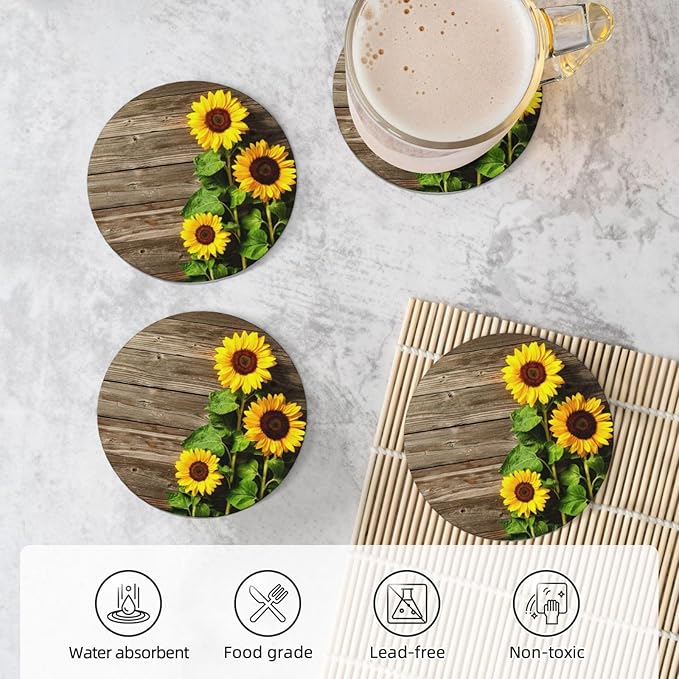 Sunflower Coasters for Drinks Set of 4, 4 Inch Romantic Wooden Background Absorbent Diatomite Ceramics Coasters for Coffee Table with Cork Base Tabletop Protection Suitable for Dining Desks