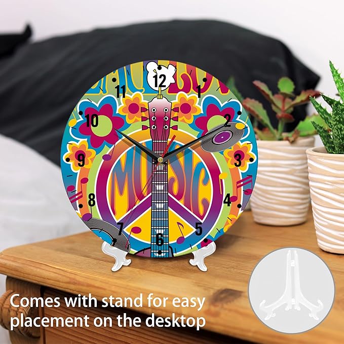 SPUNKER Clock for Bedroom,Music Guitar Kitchen Wall Clock,Peace Symbol Dove Clocks 10 Inch Silent Non-Ticking Wall Battery Operated for Living Room Bedroom Bathroom Laundry Room Decor