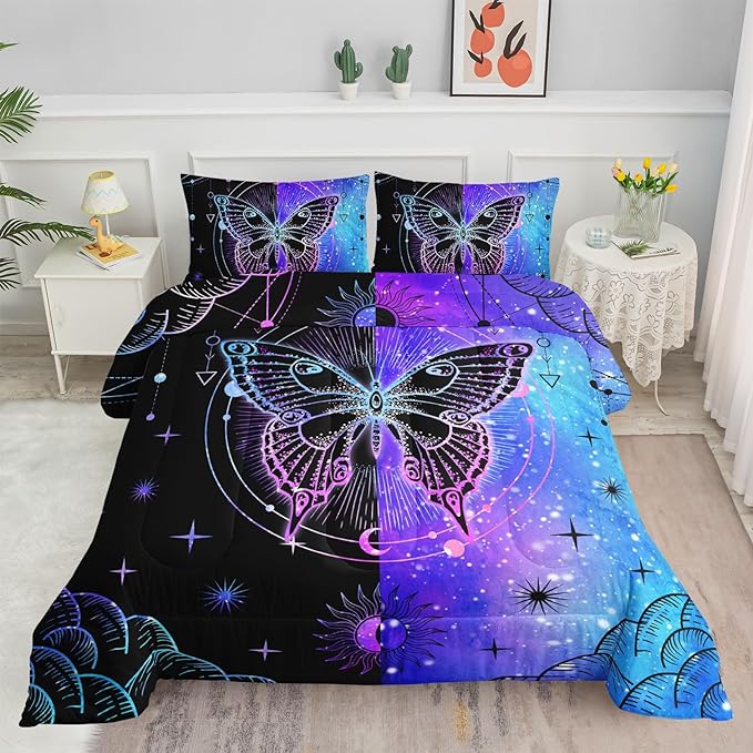 Black Blue Butterfly Comforter Set for Girls Women,Boho Butterfly Sun and Moon Mandala Printed Bedding Set with 2 Pillowcases(Black Blue Queen)