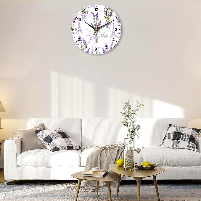 SPUNKER Clocks for Living Room,Lavender Flowers Wall Clock Battery Operated 10 Inch,Eiffel Tower Round Clock Silent Non-Ticking Wall Decor for Farmhouse Office Home School Living Room Bedroom