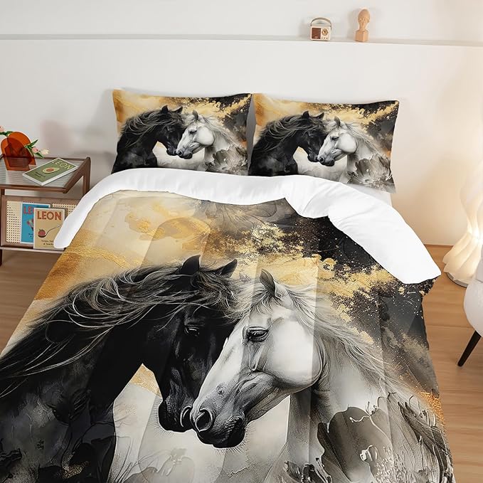 Black White Horses Comforter Set Full Size,Golden Ink Painting Flora Bedding Set for Kids and Adults Bedroom Horse Decor,Wild Animal Theme Art Aesthetics Comforter Set with 2 Pillowcases.