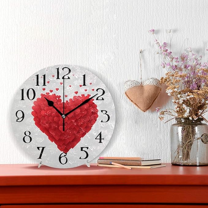 Styrofoam Heart Wall Clock 9.5 Inch Non-Ticking Silent Clocks Red Hearts Round Bathroom Clock Battery Operated Quartz Analog Decorative Desk Clock for Living Room