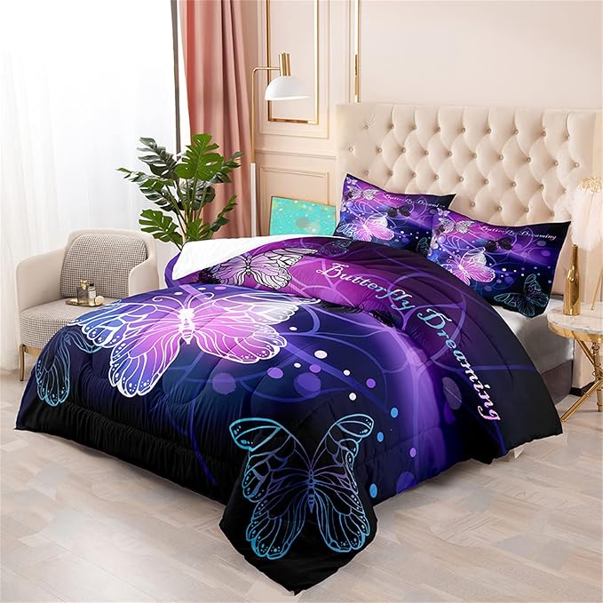 Butterfly Comforter for Girls Teen, 3D Printed Novel Bedding Set Queen Size, Cute Animals Pattern Purple Comforter Set Soft Breathable Microfiber Quilt for All Season 3Pcs with Pillowcases
