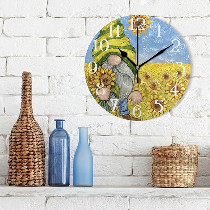 Sunflower Gnome Wall Clock 9.5 Inch Non Ticking Silent Kitchen Clocks Cute Yellow Flower Round Bathroom Clock Battery Operated Quartz Analog Decorative Desk Clock for Living Room