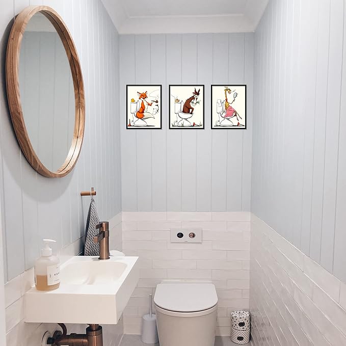 Bathroom Wall Art Animal Prints Toilet Decor Set of 6 Canvas Posters Cute Pictures Photos Bathroom Artwork Wall Colourful Funny Fox Cat Frog Goose Giraffe Horse in Toilet Illustration Wall Decor for
