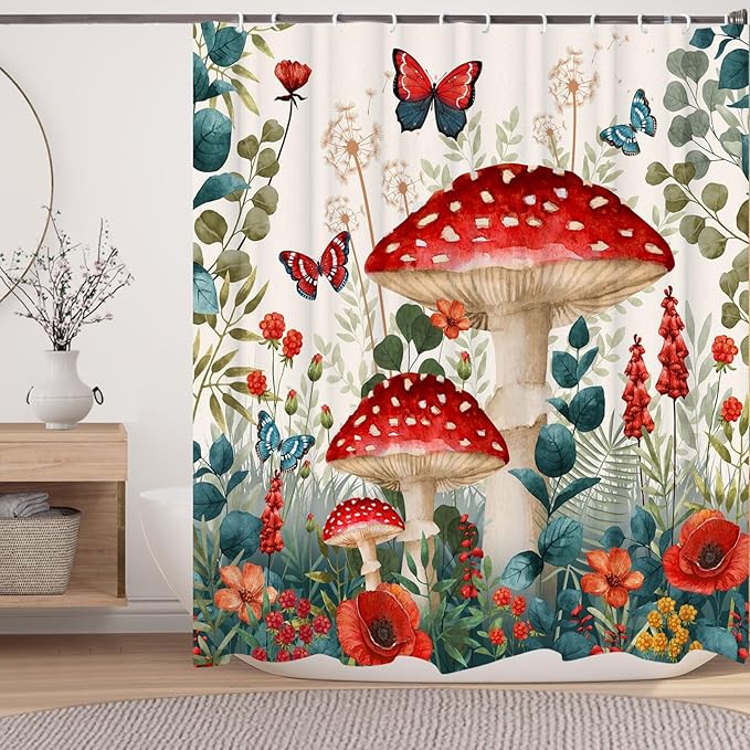 Boho Mushroom Shower Curtain, Floral Woodland Farmhouse Cottagecore Aesthetic Sage Green Eucalyptus Shower Curtain Set, Fairy Witchy Plant Botanical Flower Fabric Bathroom Curatin with Hooks 72X72