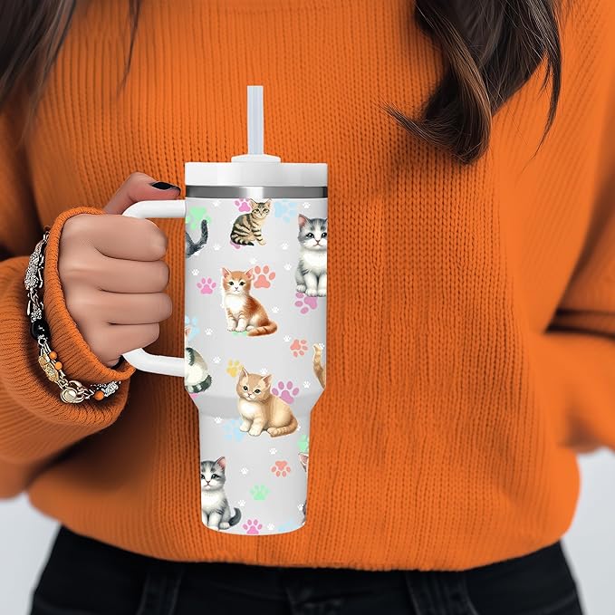 40 OZ Kitty Tumbler with Handle.Cat Lover Gifts.Unique Birthday Christmas Gifts for Cat Lover.Personalized 40 OZ Cat Tumbler Gifts for Women Men.