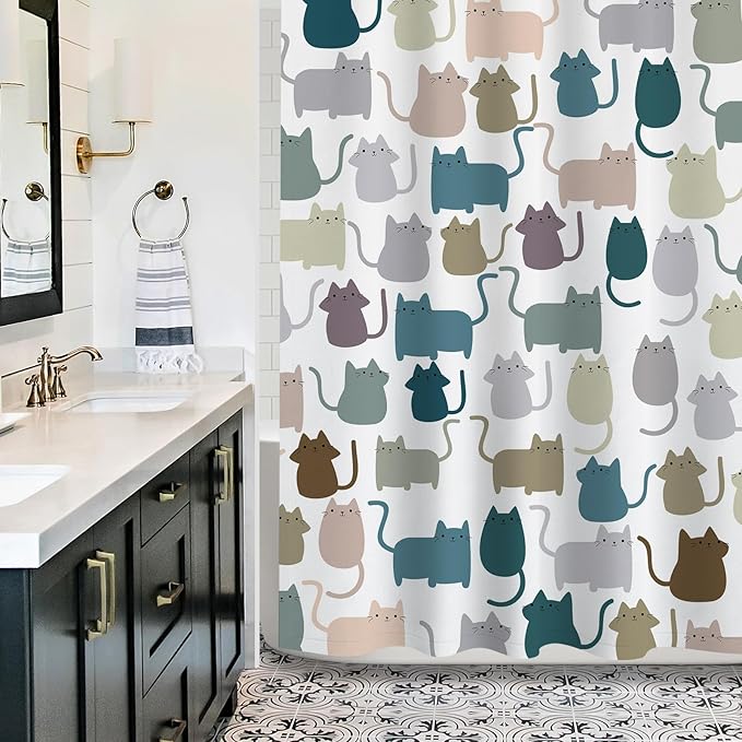 Sunlit Design Extra Long Lovely Multicolor Cartoon Cats Fabric Shower Curtain, Cute Cats Bathroom Decoration Curtains