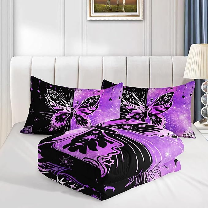 Black Purple Butterfly Comforter Set for Girls Women,Boho Butterfly Sun and Moon Mandala Printed Bedding Set with 2 Pillowcases(Black Purple Queen)
