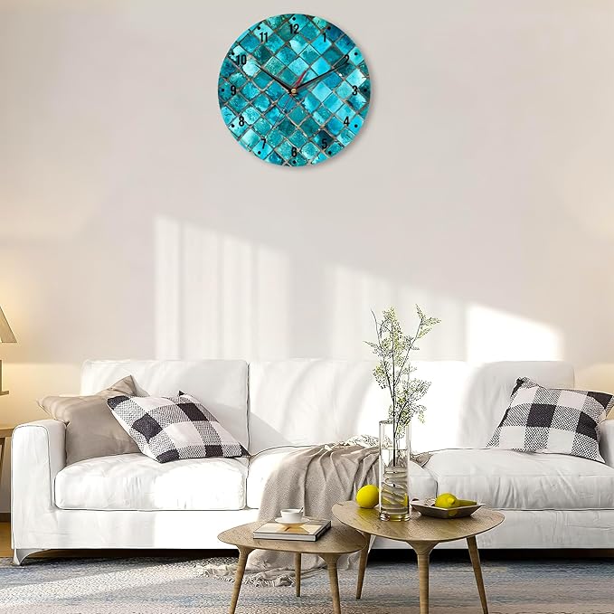SPUNKER Clocks for Living Room,Turquoise Geometric Kitchen Wall Clock,Teal Mosaic Clocks 10 Inch Silent Non-Ticking Wall Battery Operated for Living Room Bedroom Bathroom Laundry Room Decor