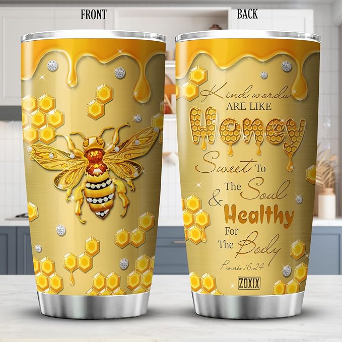 ZOXIX Bee Tumbler With Lid 20oz Jewelry Style Kind Words Are Like Honey Bee Lover Gifts Bible Verse Mug Proverbs 16 24 Christian Gifts For Women Faith Yellow Bee Themed Coffee Cup