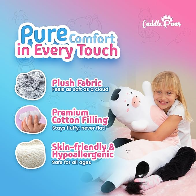Stuffed Animal Cow Print Body Pillow – Soft Plush Toy & Throw Pillow for Kids, Large (47 Inches), Kawaii Stuff Gift for Girls