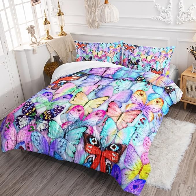 BSNTHO Blue Butterfly Comforter Set Watercolor Tie Dye Bedding Set Flying Butterflies Printed Duvet for Girls Queen 1 Comforter 2 Pillowcases for All Season