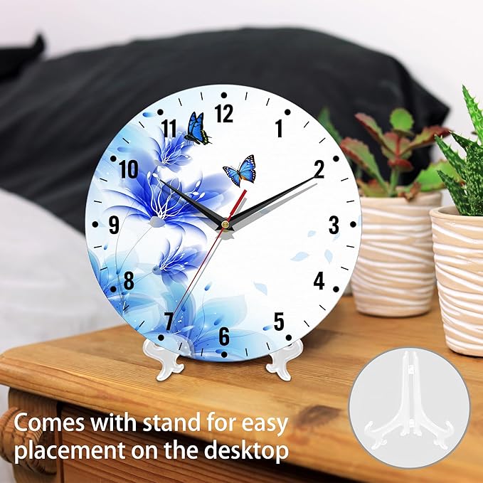 SPUNKER Clocks for Living Room,Blue Butterfly 10 Inch Wall Clock,Lily Flower Small Battery Operated Wall Clocks Decorative for Kitchen/Living Room/Bedroom/Bathroom/Dining Room