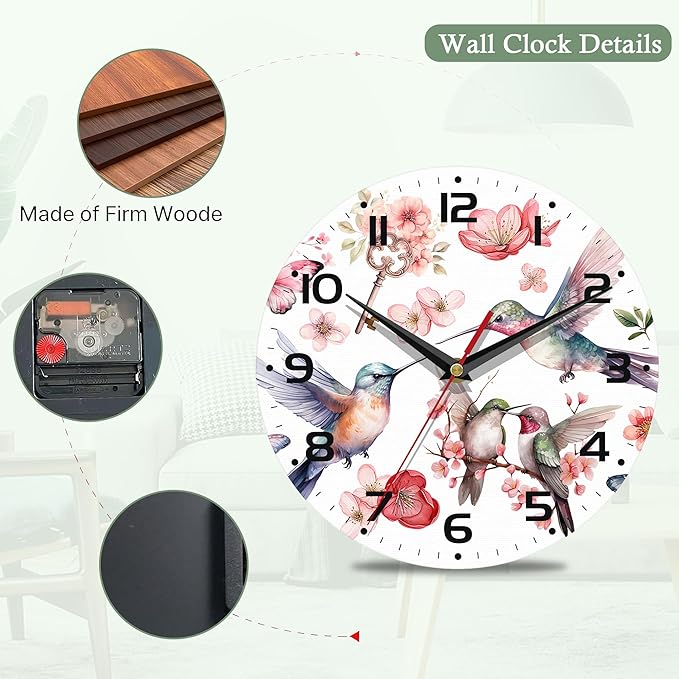 Birds Wall Clocks Battery Operated,Watercolor Humming Birds Clock for Living Room,Decorative Wall Clock for Living Room, Bedroom, Bathroom and Kitchen,10 Inch