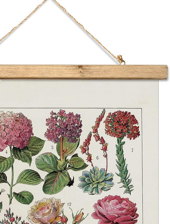 XIAOAIKA Vintage Wildflowers Poster Hanger Frame, Retro Style Wall Decor Art Painting, Patterns are Printed on Linen Without Fading, Scrolls Made of Fir are Durable (16 x 23 inches)