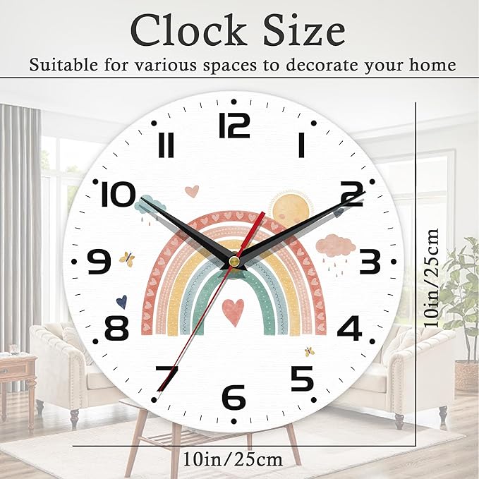Wall Clock, 10 Inch Silent Non-Ticking Home Kitchen Decor, Battery Operated for Bathroom Bedroom Living Room Office(Boho Rainbow)
