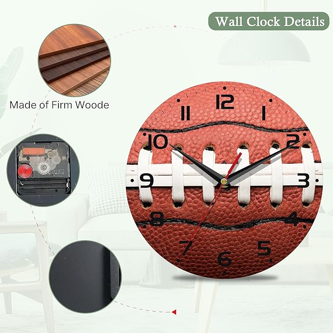 Wall Clocks,American Football Laces 10 Inch Wall Clock,Summer Small Battery Operated Wall Clocks Decorative for Kitchen/Living Room/Bedroom/Bathroom/Dining Room